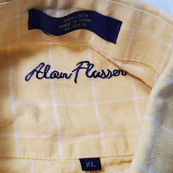 Alan Flusser Men's XL / X-Large 100% Linen Yellow, White Check Long Sleeve Shirt - Picture 4 of 4